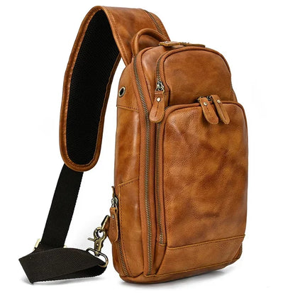 New Arrivals Mens Single Shoulder Backpack Chest Packs Genuine Leather Crosbody Bag With USB Cable