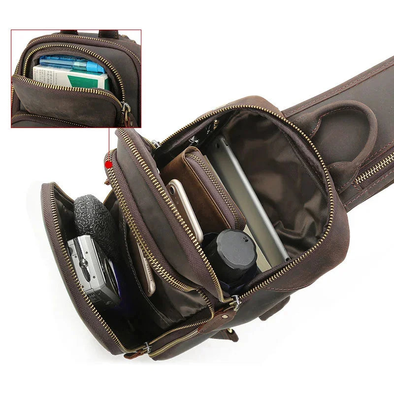 New Arrivals Mens Single Shoulder Backpack Chest Packs Genuine Leather Crosbody Bag With USB Cable