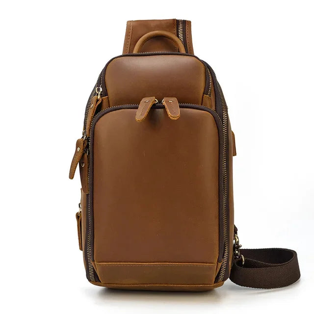 New Arrivals Mens Single Shoulder Backpack Chest Packs Genuine Leather Crosbody Bag With USB Cable