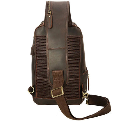 New Arrivals Mens Single Shoulder Backpack Chest Packs Genuine Leather Crosbody Bag With USB Cable