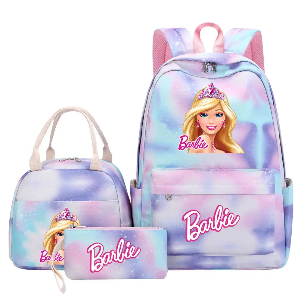 New Barbie Girls Kids Pen Lunch Bags Bookbags 3 Pcs Women Teenagers Schoolbags Travel Laptop Rainbow Backpack