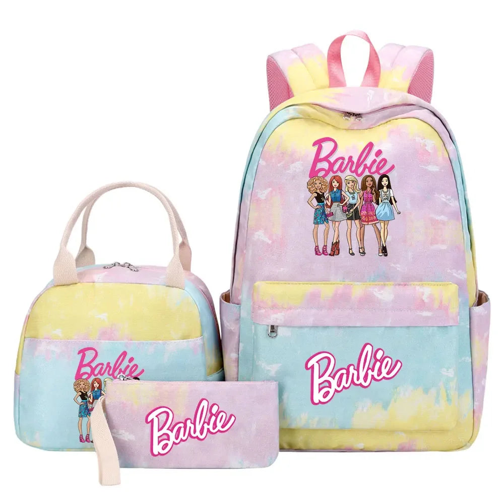 New Barbie Girls Kids Pen Lunch Bags Bookbags 3 Pcs Women Teenagers Schoolbags Travel Laptop Rainbow Backpack