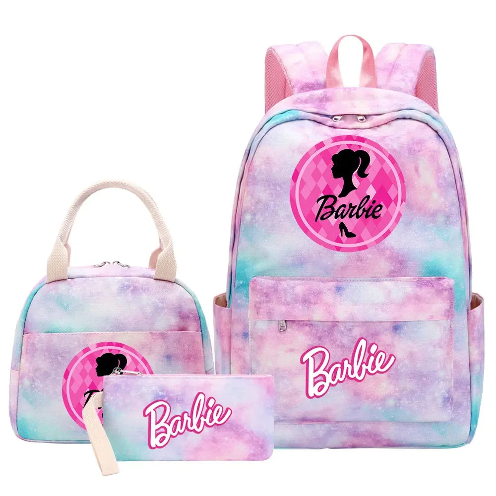 New Barbie Girls Kids Pen Lunch Bags Bookbags 3 Pcs Women Teenagers Schoolbags Travel Laptop Rainbow Backpack