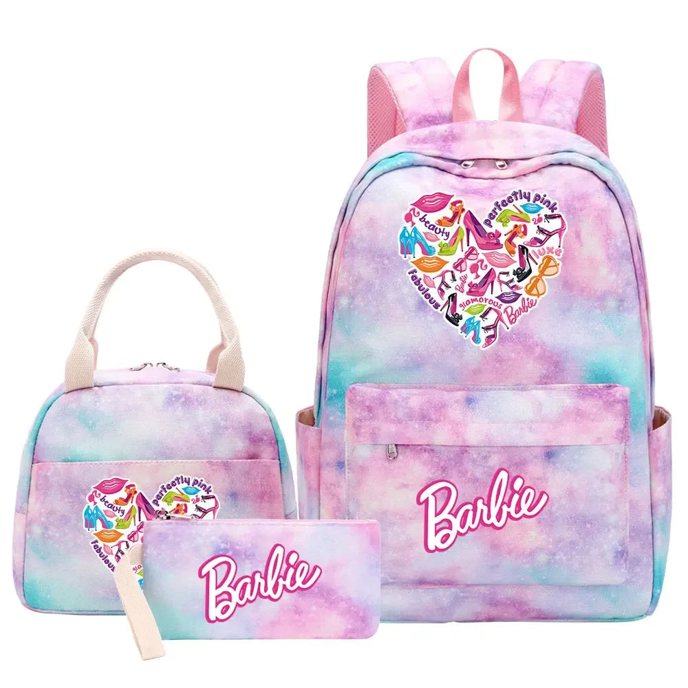 New Barbie Girls Kids Pen Lunch Bags Bookbags 3 Pcs Women Teenagers Schoolbags Travel Laptop Rainbow Backpack