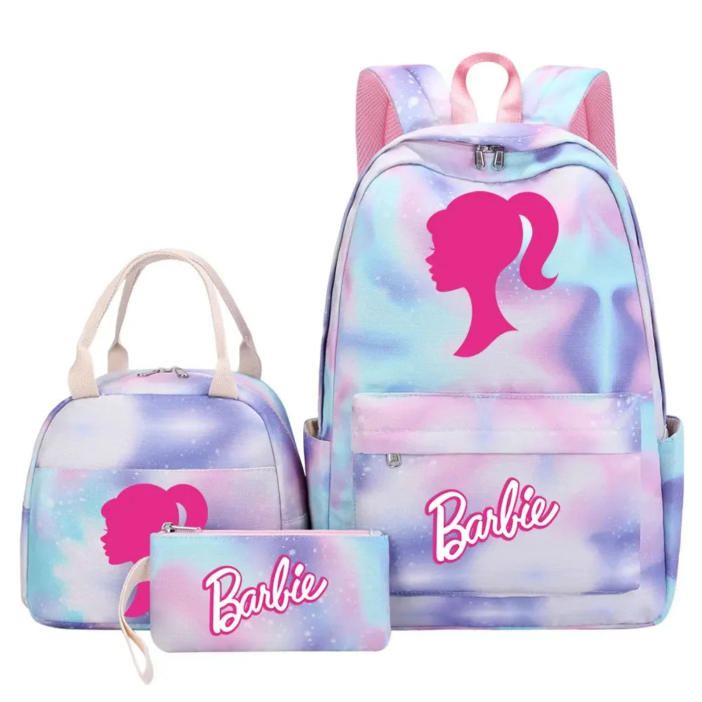 New Barbie Girls Kids Pen Lunch Bags Bookbags 3 Pcs Women Teenagers Schoolbags Travel Laptop Rainbow Backpack