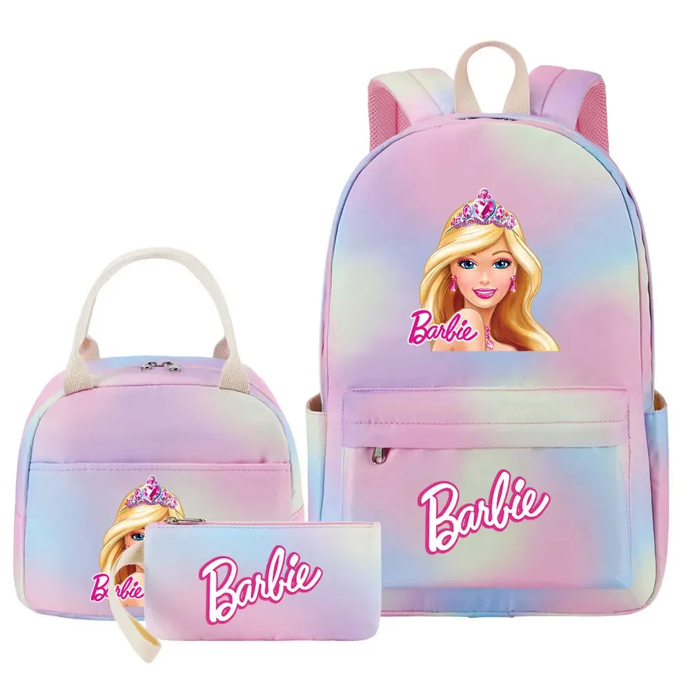 New Barbie Girls Kids Pen Lunch Bags Bookbags 3 Pcs Women Teenagers Schoolbags Travel Laptop Rainbow Backpack