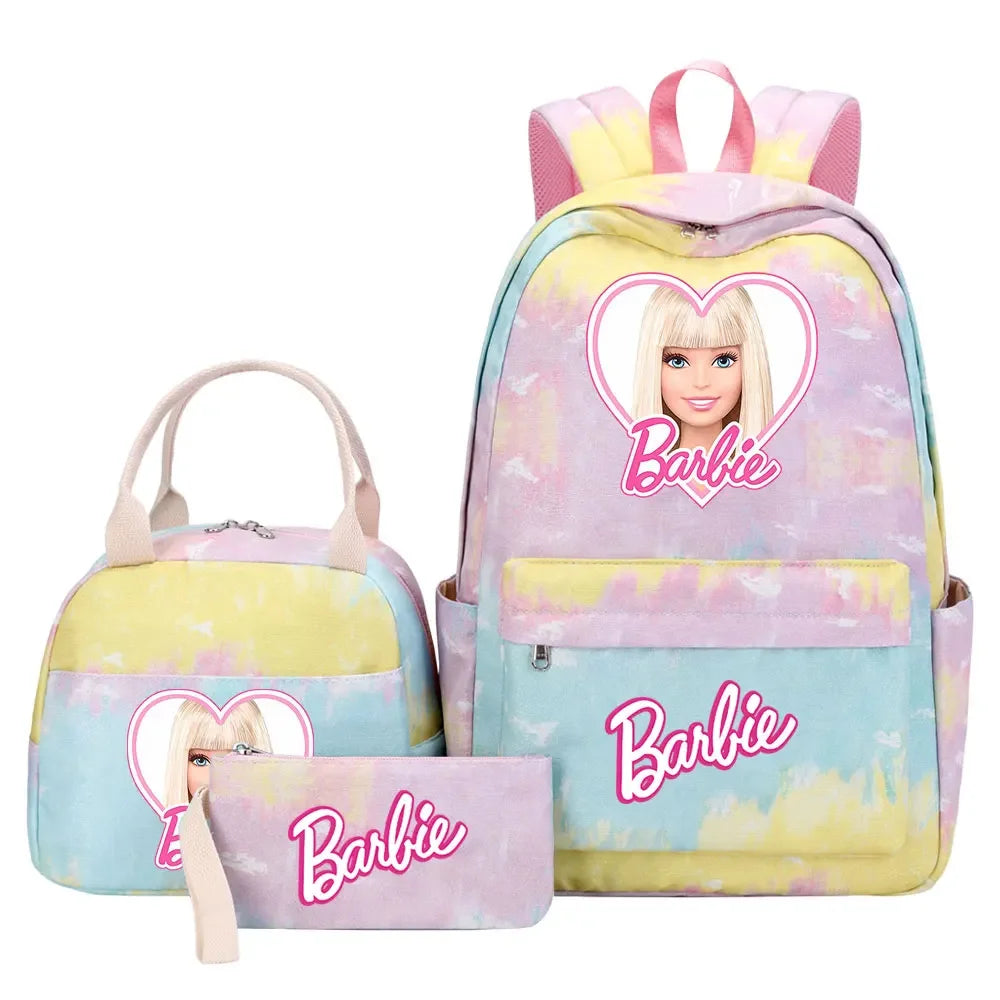 New Barbie Girls Kids Pen Lunch Bags Bookbags 3 Pcs Women Teenagers Schoolbags Travel Laptop Rainbow Backpack