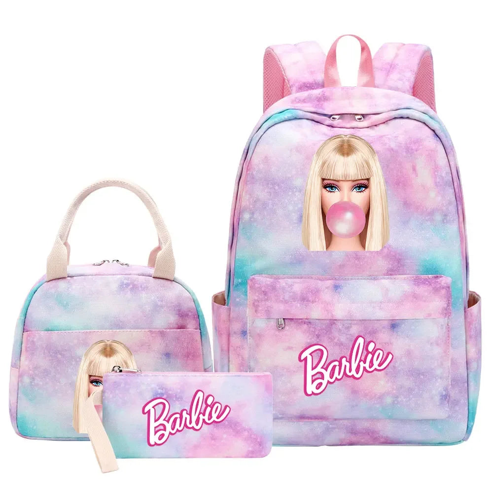 New Barbie Girls Kids Pen Lunch Bags Bookbags 3 Pcs Women Teenagers Schoolbags Travel Laptop Rainbow Backpack