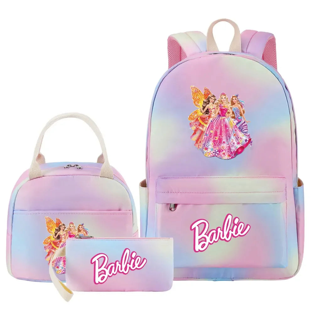 New Barbie Girls Kids Pen Lunch Bags Bookbags 3 Pcs Women Teenagers Schoolbags Travel Laptop Rainbow Backpack