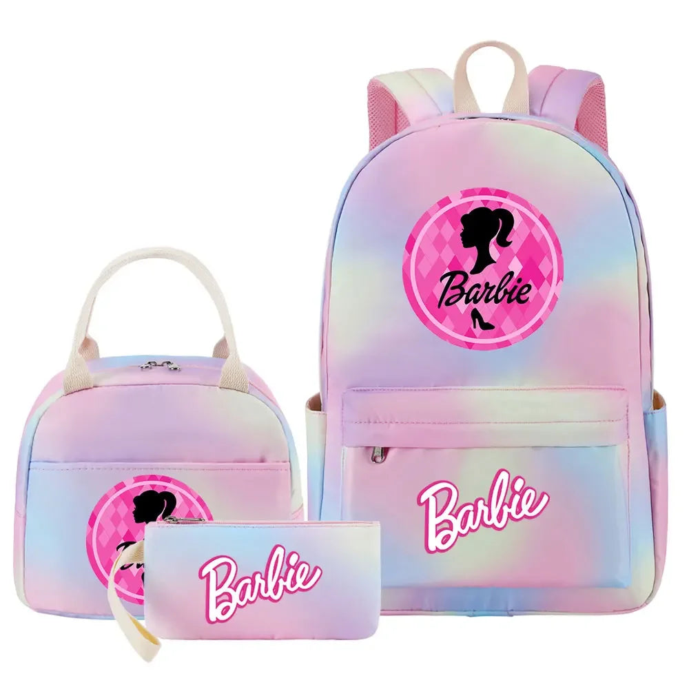 New Barbie Girls Kids Pen Lunch Bags Bookbags 3 Pcs Women Teenagers Schoolbags Travel Laptop Rainbow Backpack