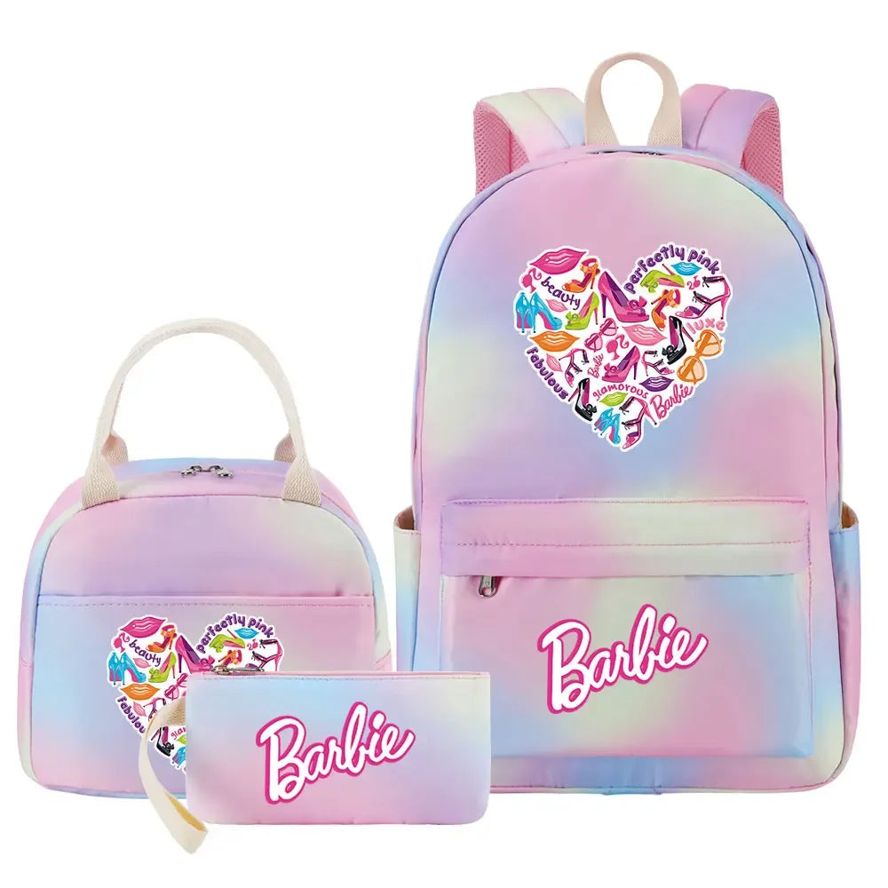 New Barbie Girls Kids Pen Lunch Bags Bookbags 3 Pcs Women Teenagers Schoolbags Travel Laptop Rainbow Backpack