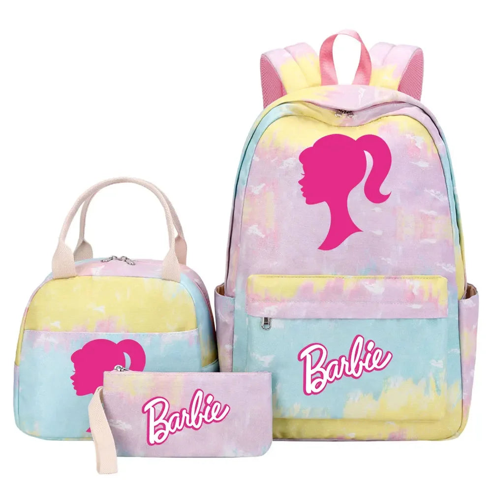 New Barbie Girls Kids Pen Lunch Bags Bookbags 3 Pcs Women Teenagers Schoolbags Travel Laptop Rainbow Backpack