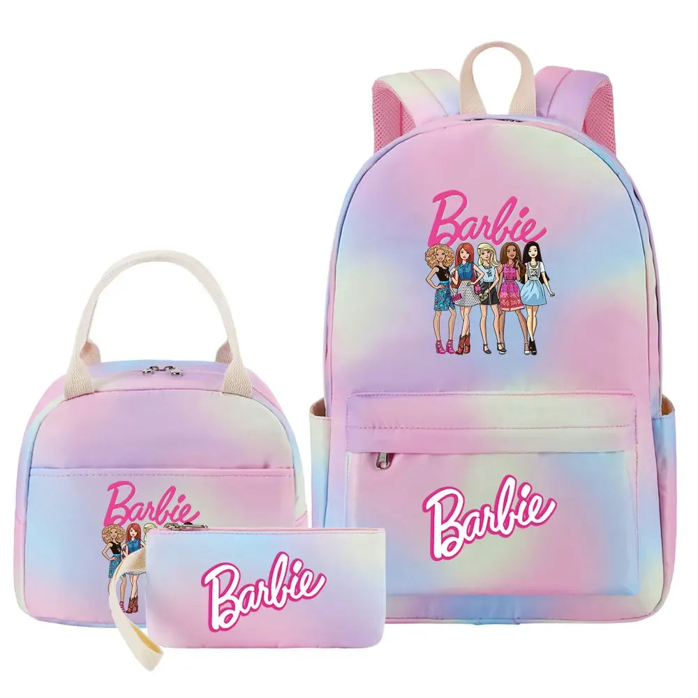 New Barbie Girls Kids Pen Lunch Bags Bookbags 3 Pcs Women Teenagers Schoolbags Travel Laptop Rainbow Backpack