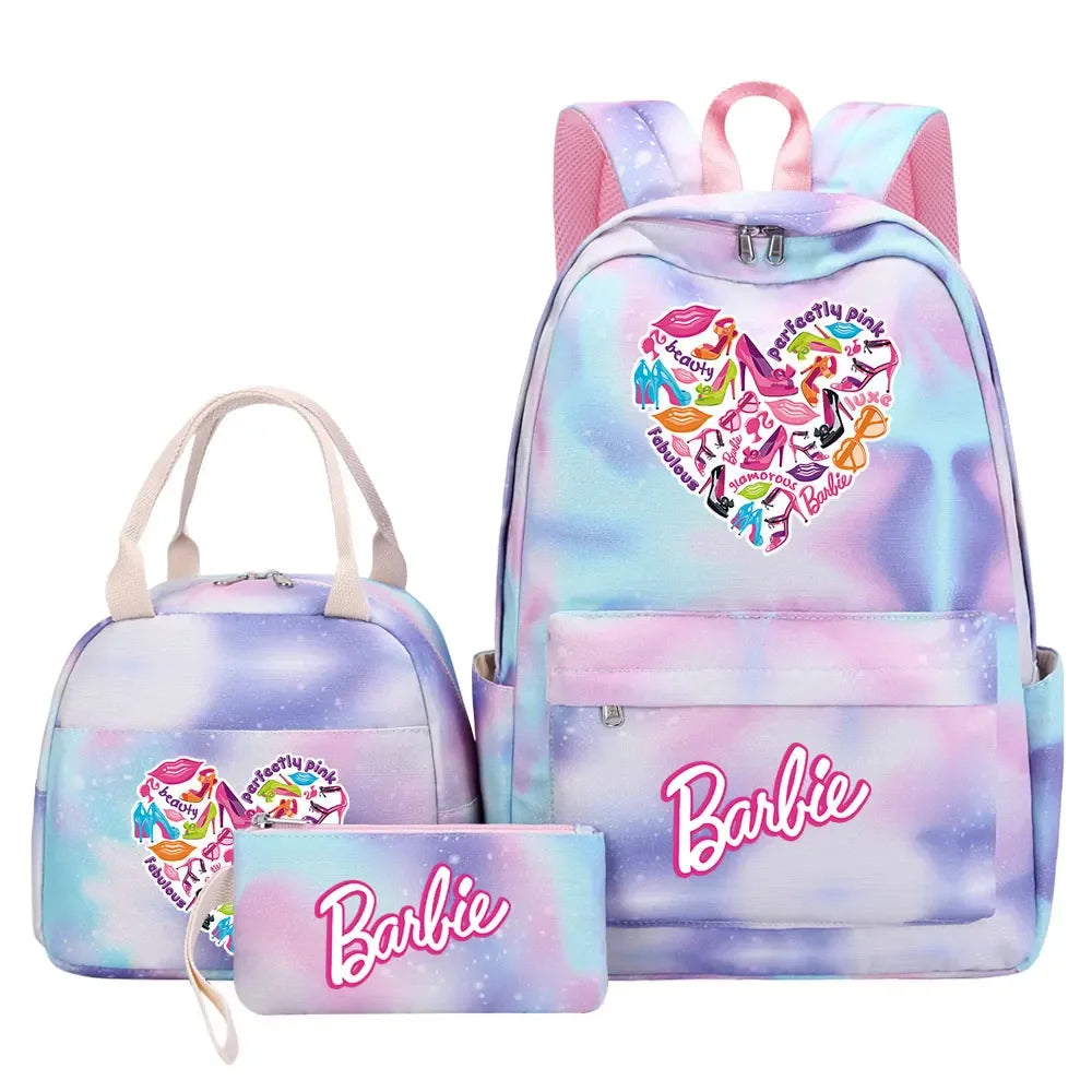 New Barbie Girls Kids Pen Lunch Bags Bookbags 3 Pcs Women Teenagers Schoolbags Travel Laptop Rainbow Backpack
