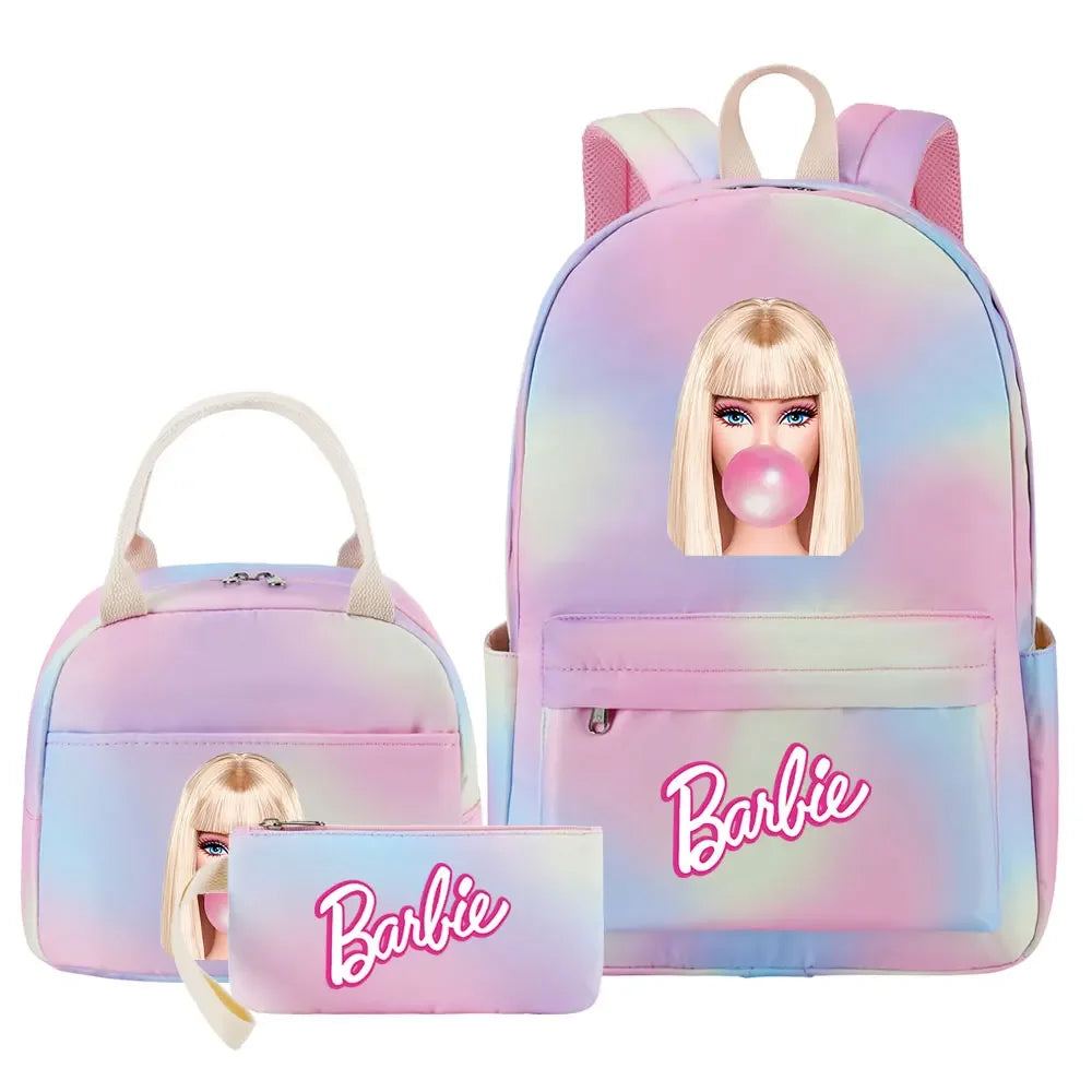 New Barbie Girls Kids Pen Lunch Bags Bookbags 3 Pcs Women Teenagers Schoolbags Travel Laptop Rainbow Backpack
