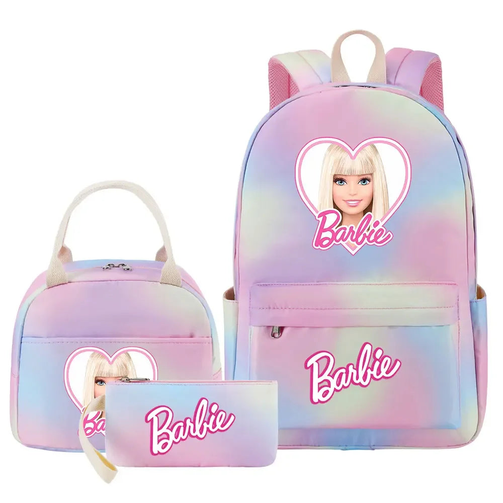 New Barbie Girls Kids Pen Lunch Bags Bookbags 3 Pcs Women Teenagers Schoolbags Travel Laptop Rainbow Backpack