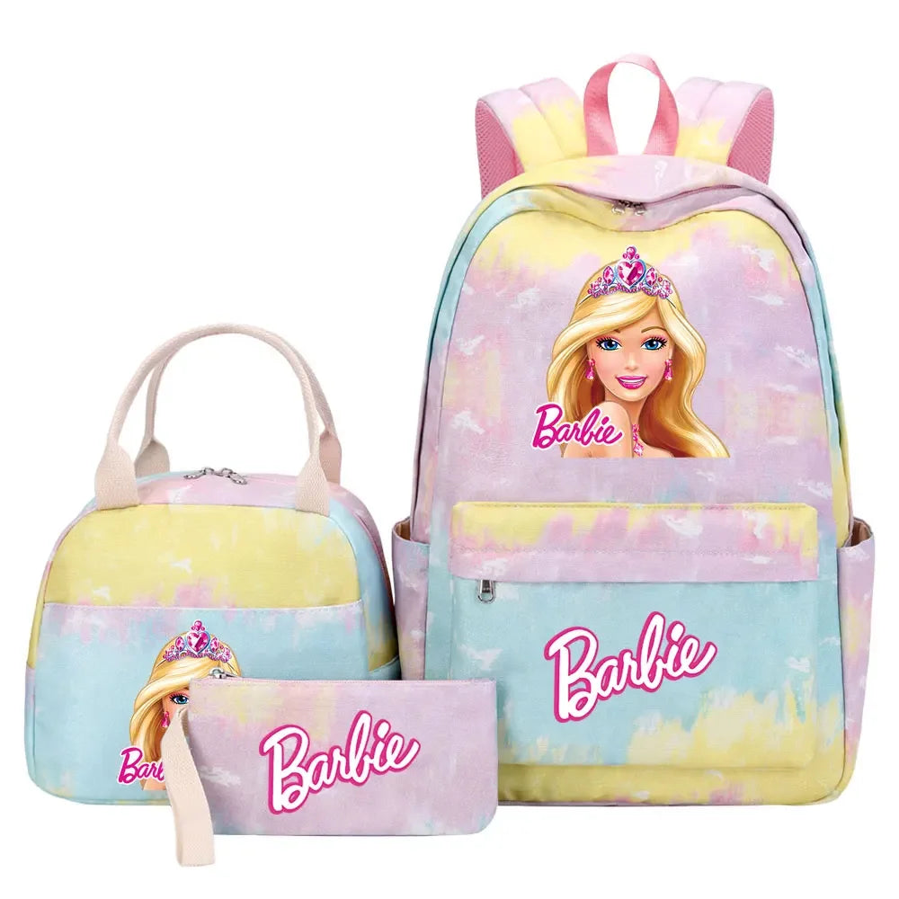 New Barbie Girls Kids Pen Lunch Bags Bookbags 3 Pcs Women Teenagers Schoolbags Travel Laptop Rainbow Backpack