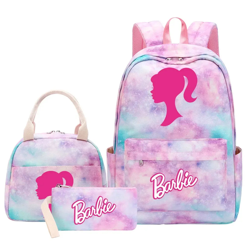 New Barbie Girls Kids Pen Lunch Bags Bookbags 3 Pcs Women Teenagers Schoolbags Travel Laptop Rainbow Backpack