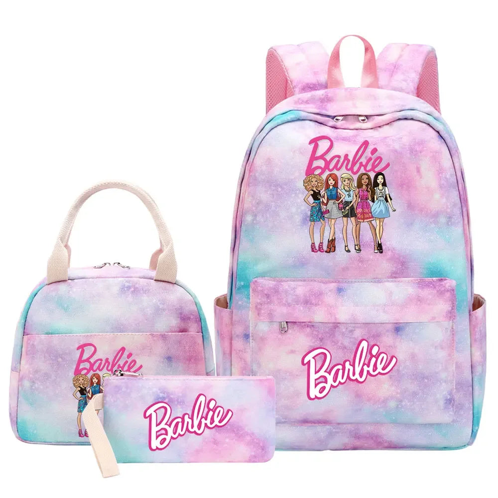 New Barbie Girls Kids Pen Lunch Bags Bookbags 3 Pcs Women Teenagers Schoolbags Travel Laptop Rainbow Backpack