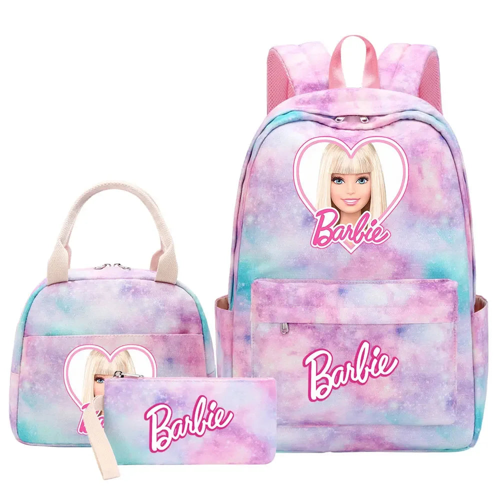 New Barbie Girls Kids Pen Lunch Bags Bookbags 3 Pcs Women Teenagers Schoolbags Travel Laptop Rainbow Backpack