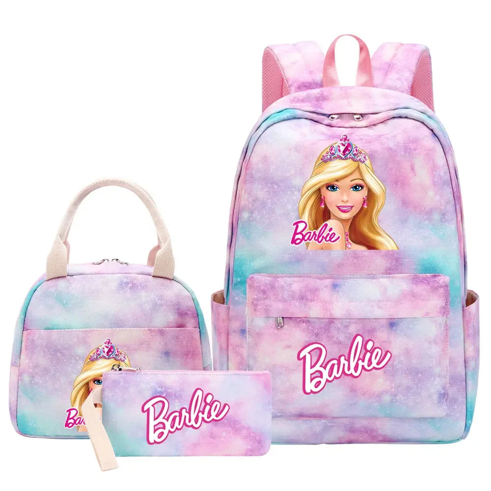 New Barbie Girls Kids Pen Lunch Bags Bookbags 3 Pcs Women Teenagers Schoolbags Travel Laptop Rainbow Backpack