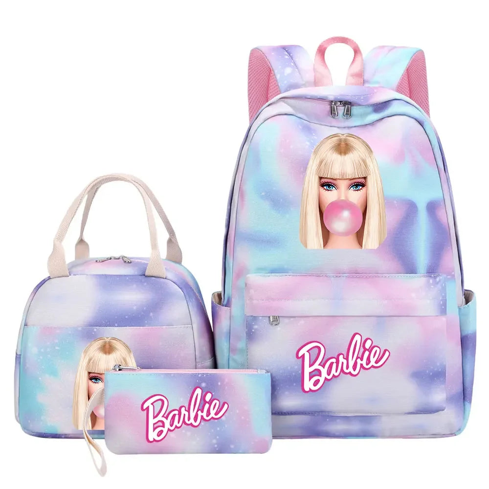 New Barbie Girls Kids Pen Lunch Bags Bookbags 3 Pcs Women Teenagers Schoolbags Travel Laptop Rainbow Backpack