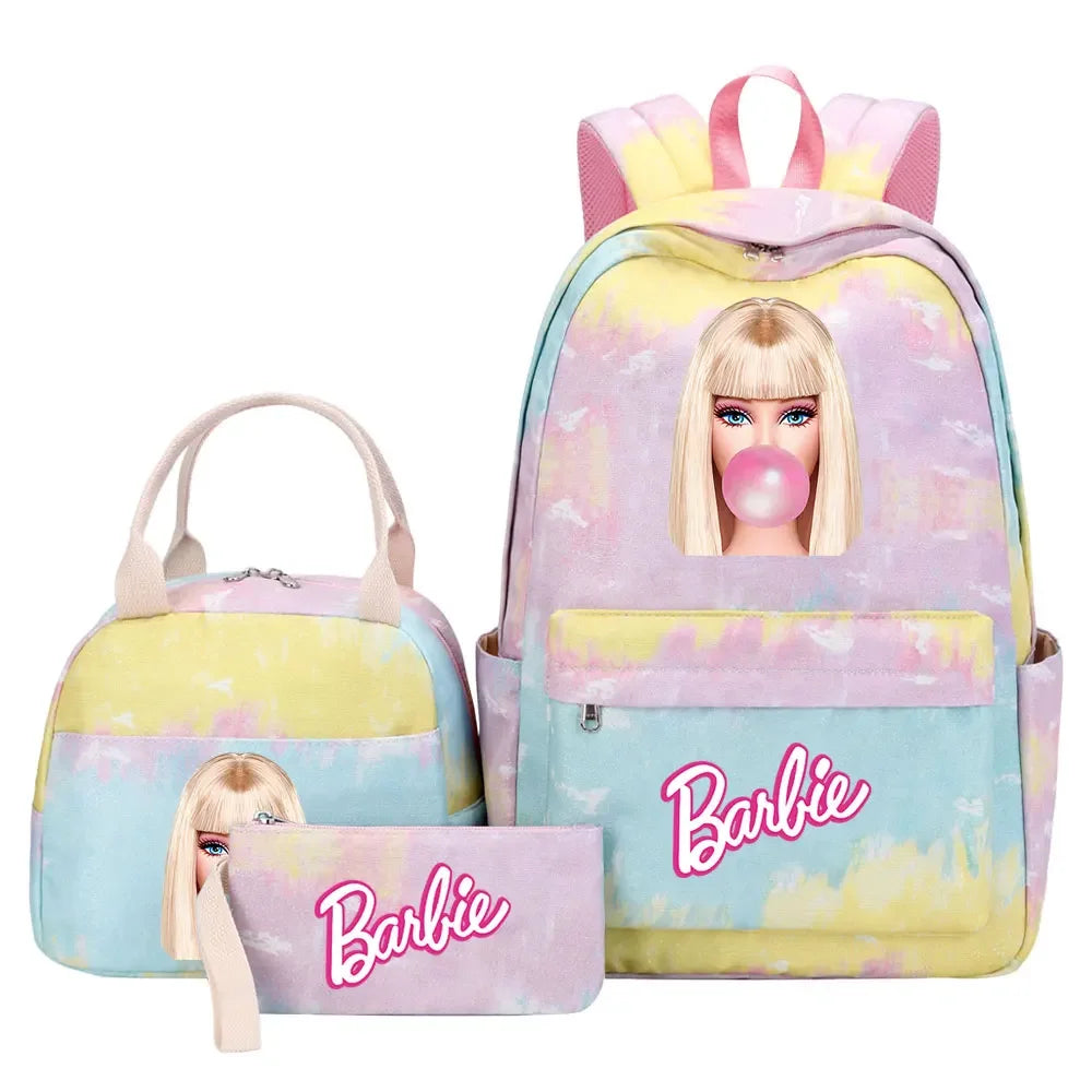 New Barbie Girls Kids Pen Lunch Bags Bookbags 3 Pcs Women Teenagers Schoolbags Travel Laptop Rainbow Backpack