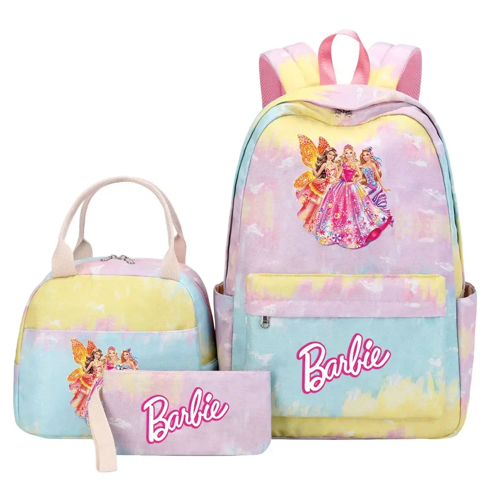 New Barbie Girls Kids Pen Lunch Bags Bookbags 3 Pcs Women Teenagers Schoolbags Travel Laptop Rainbow Backpack