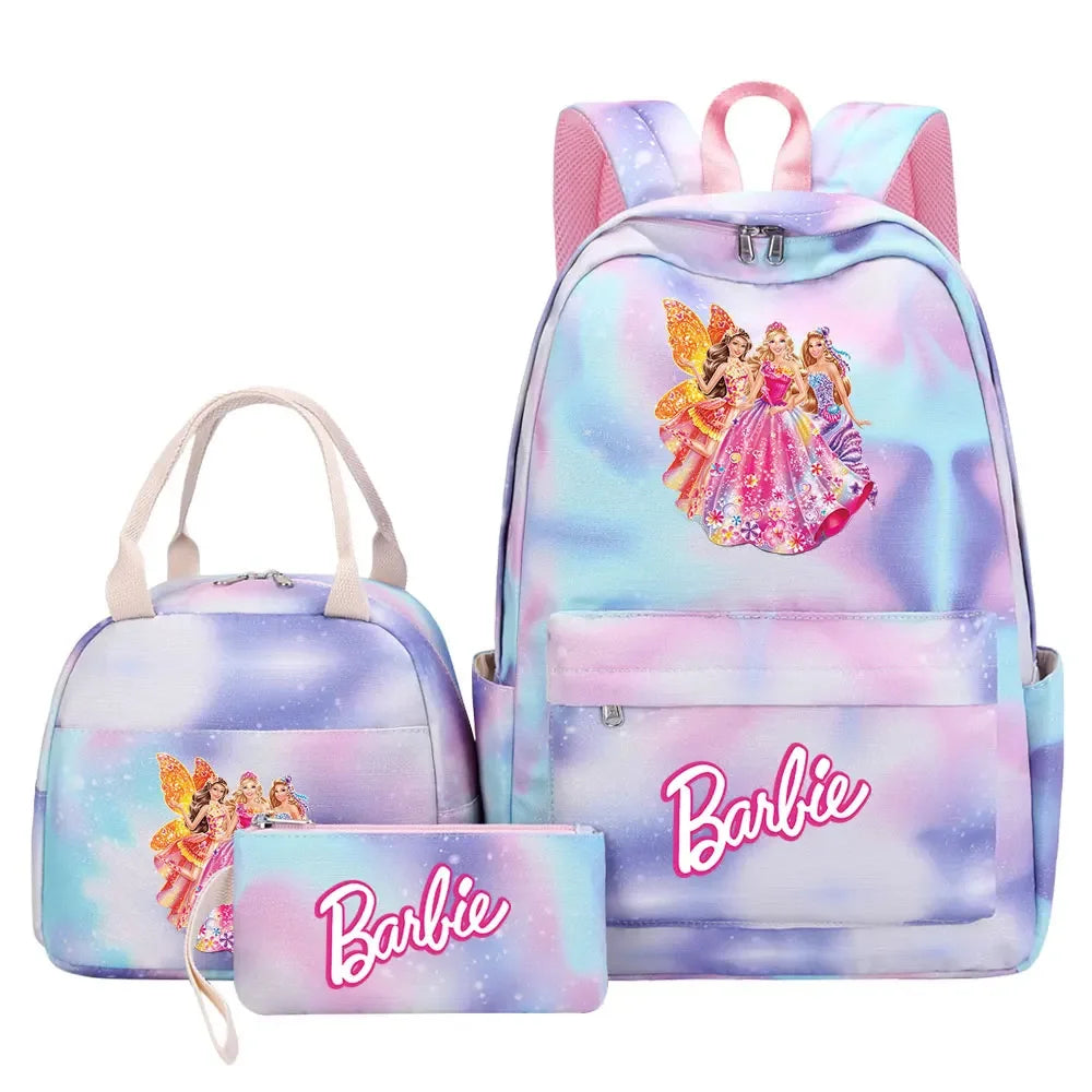 New Barbie Girls Kids Pen Lunch Bags Bookbags 3 Pcs Women Teenagers Schoolbags Travel Laptop Rainbow Backpack
