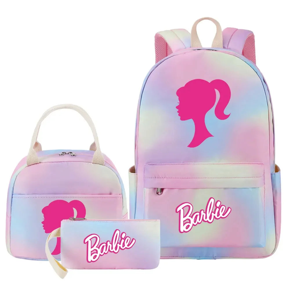 New Barbie Girls Kids Pen Lunch Bags Bookbags 3 Pcs Women Teenagers Schoolbags Travel Laptop Rainbow Backpack