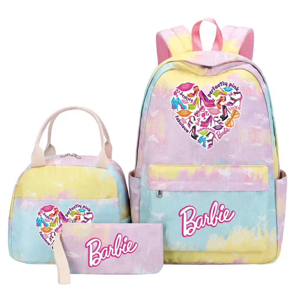 New Barbie Girls Kids Pen Lunch Bags Bookbags 3 Pcs Women Teenagers Schoolbags Travel Laptop Rainbow Backpack