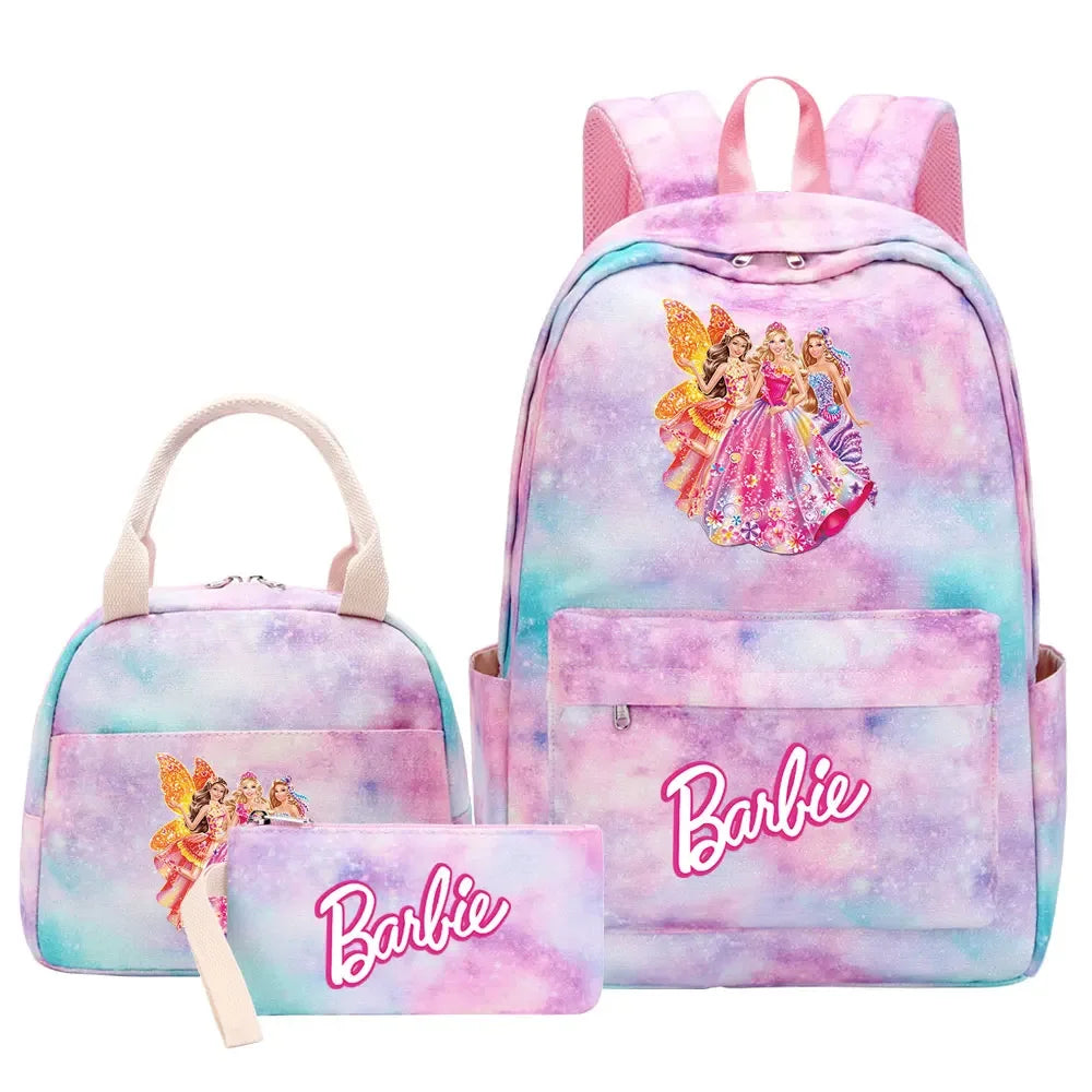 New Barbie Girls Kids Pen Lunch Bags Bookbags 3 Pcs Women Teenagers Schoolbags Travel Laptop Rainbow Backpack