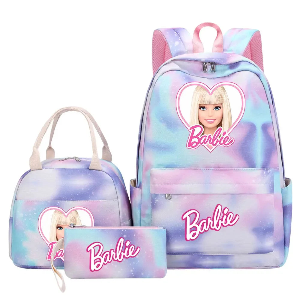 New Barbie Girls Kids Pen Lunch Bags Bookbags 3 Pcs Women Teenagers Schoolbags Travel Laptop Rainbow Backpack