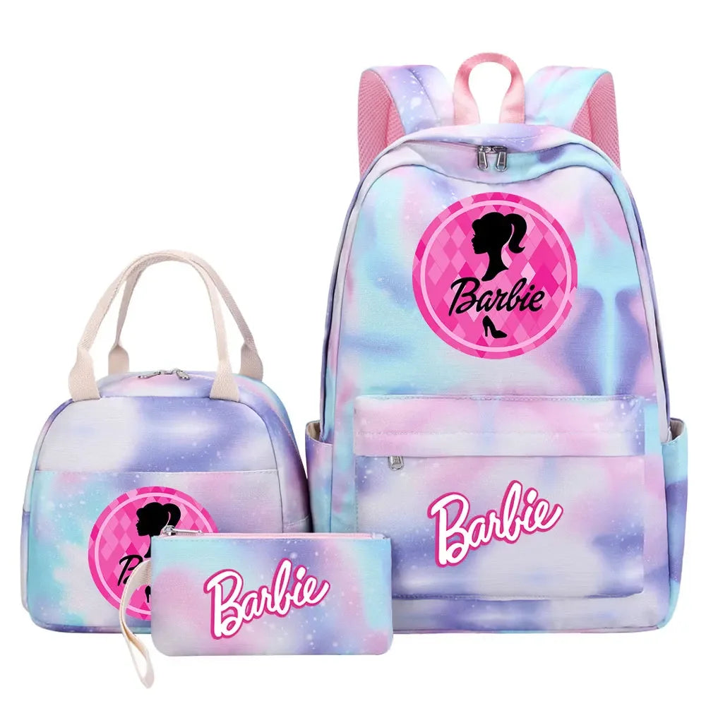 New Barbie Girls Kids Pen Lunch Bags Bookbags 3 Pcs Women Teenagers Schoolbags Travel Laptop Rainbow Backpack