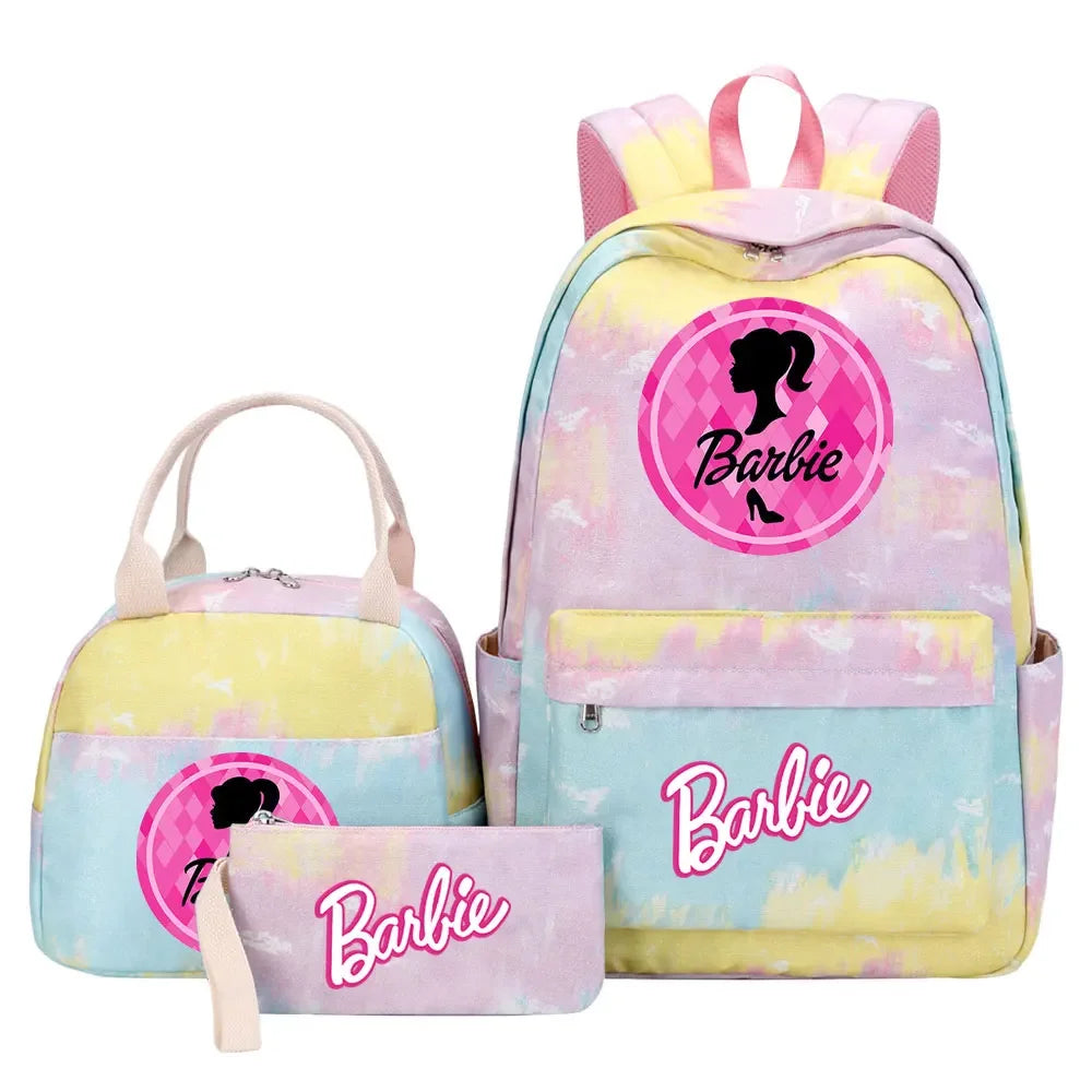 New Barbie Girls Kids Pen Lunch Bags Bookbags 3 Pcs Women Teenagers Schoolbags Travel Laptop Rainbow Backpack