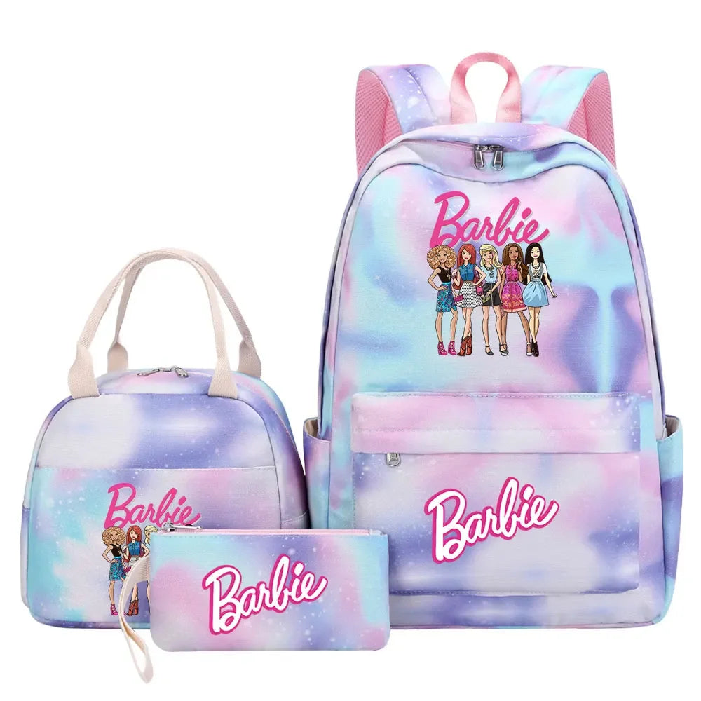New Barbie Girls Kids Pen Lunch Bags Bookbags 3 Pcs Women Teenagers Schoolbags Travel Laptop Rainbow Backpack