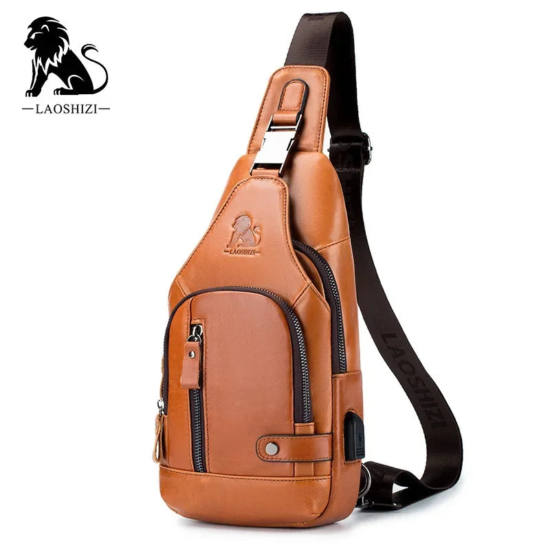 New Brand Genuine Leather Men's Pocket Crossbody Bags with USB Rechargeable Travel Chest Bag Fits 7.9 Inches IPai Pockets