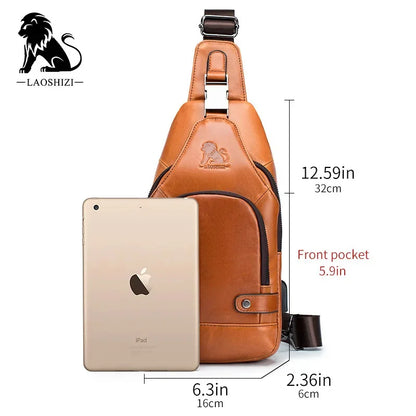 New Brand Genuine Leather Men's Pocket Crossbody Bags with USB Rechargeable Travel Chest Bag Fits 7.9 Inches IPai Pockets