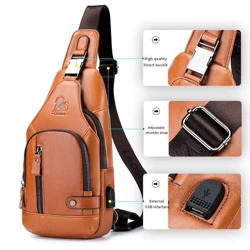 New Brand Genuine Leather Men's Pocket Crossbody Bags with USB Rechargeable Travel Chest Bag Fits 7.9 Inches IPai Pockets