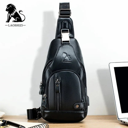 New Brand Genuine Leather Men's Pocket Crossbody Bags with USB Rechargeable Travel Chest Bag Fits 7.9 Inches IPai Pockets