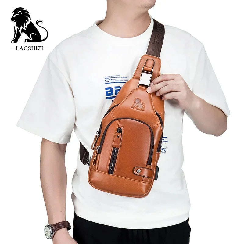 New Brand Genuine Leather Men's Pocket Crossbody Bags with USB Rechargeable Travel Chest Bag Fits 7.9 Inches IPai Pockets