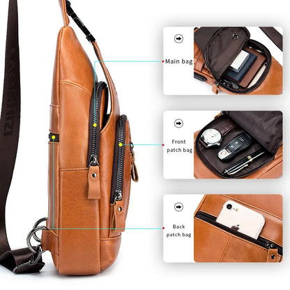 New Brand Genuine Leather Men's Pocket Crossbody Bags with USB Rechargeable Travel Chest Bag Fits 7.9 Inches IPai Pockets