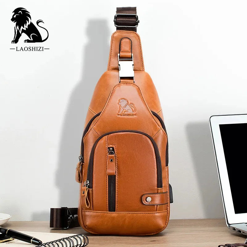 New Brand Genuine Leather Men's Pocket Crossbody Bags with USB Rechargeable Travel Chest Bag Fits 7.9 Inches IPai Pockets