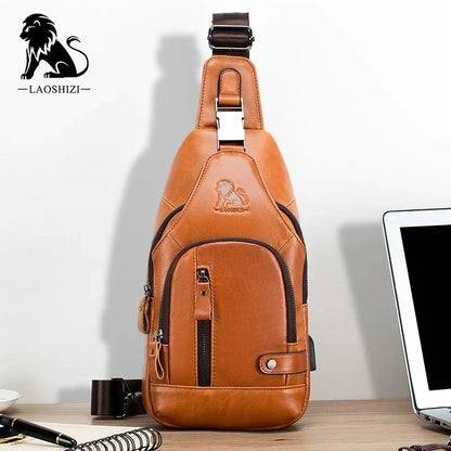 New Brand Genuine Leather Men's Pocket Crossbody Bags with USB Rechargeable Travel Chest Bag Fits 7.9 Inches IPai Pockets