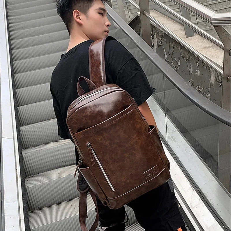 New Business Men Leather Korean Style Schoolbag Large Capacity Laptop Bag Luxury Waterproof Male Travel Backpack