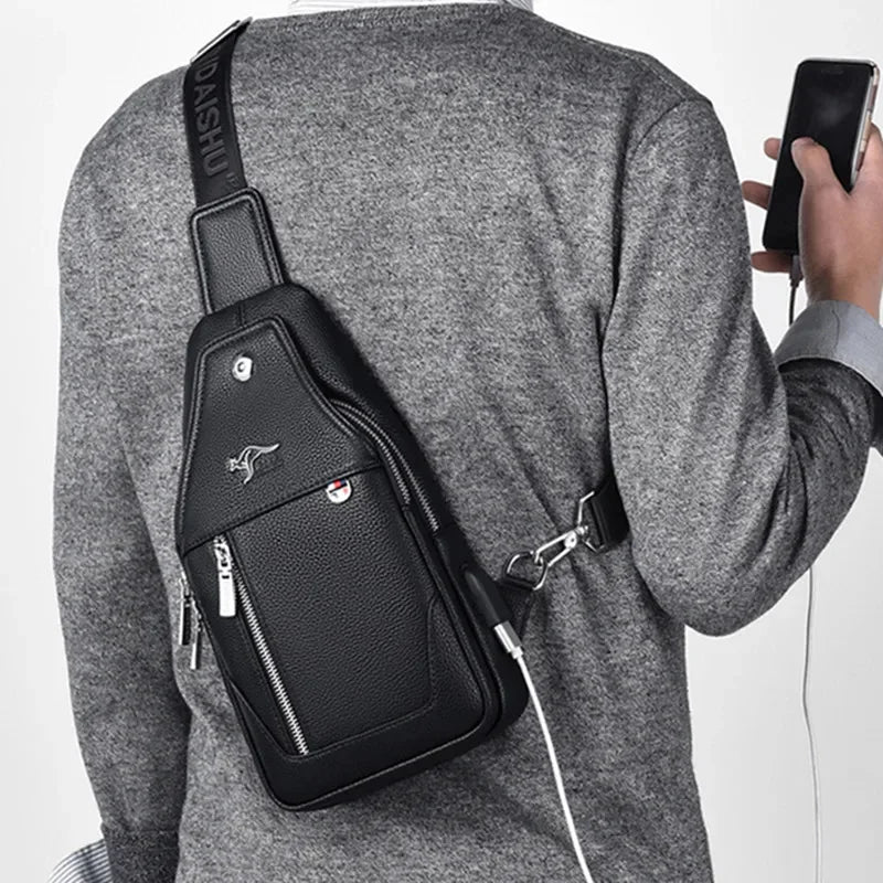New Business Men's Chest Fashion Leather Shoulder Messenger USB Charging Crossbody Travel Male Sling Bag