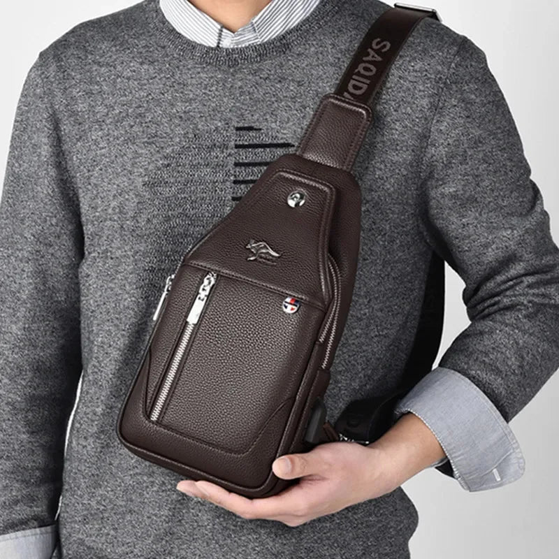 New Business Men's Chest Fashion Leather Shoulder Messenger USB Charging Crossbody Travel Male Sling Bag