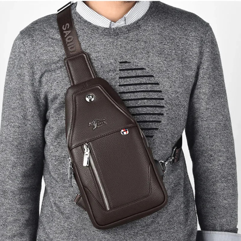New Business Men's Chest Fashion Leather Shoulder Messenger USB Charging Crossbody Travel Male Sling Bag