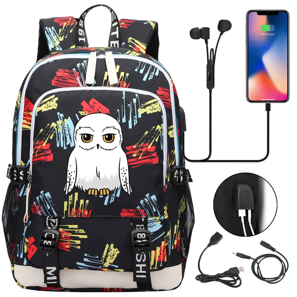 New Cartoon Owl Magic School Teenager USB Charging Laptop Backpack Women Men Rucksack Kids Book Bag Mochila Travel Bagpack