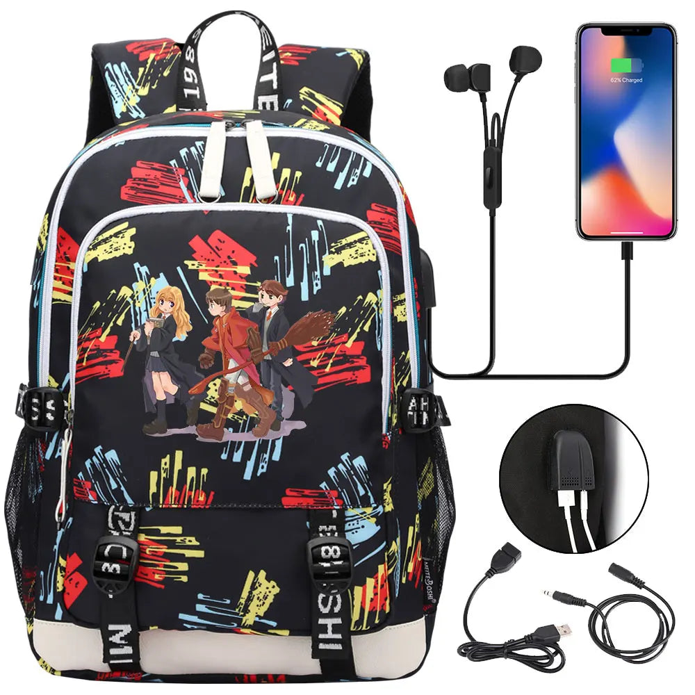 New Cartoon Owl Magic School Teenager USB Charging Laptop Backpack Women Men Rucksack Kids Book Bag Mochila Travel Bagpack